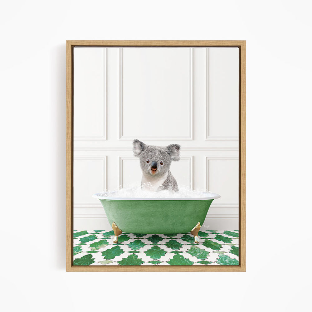 A koala bear sitting in a green bathtub filled with water, surrounded by a green and white patterned floor.