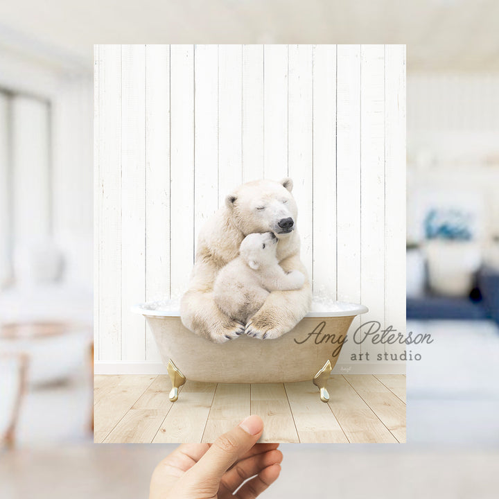 a polar bear sitting in a bathtub with a baby polar bear