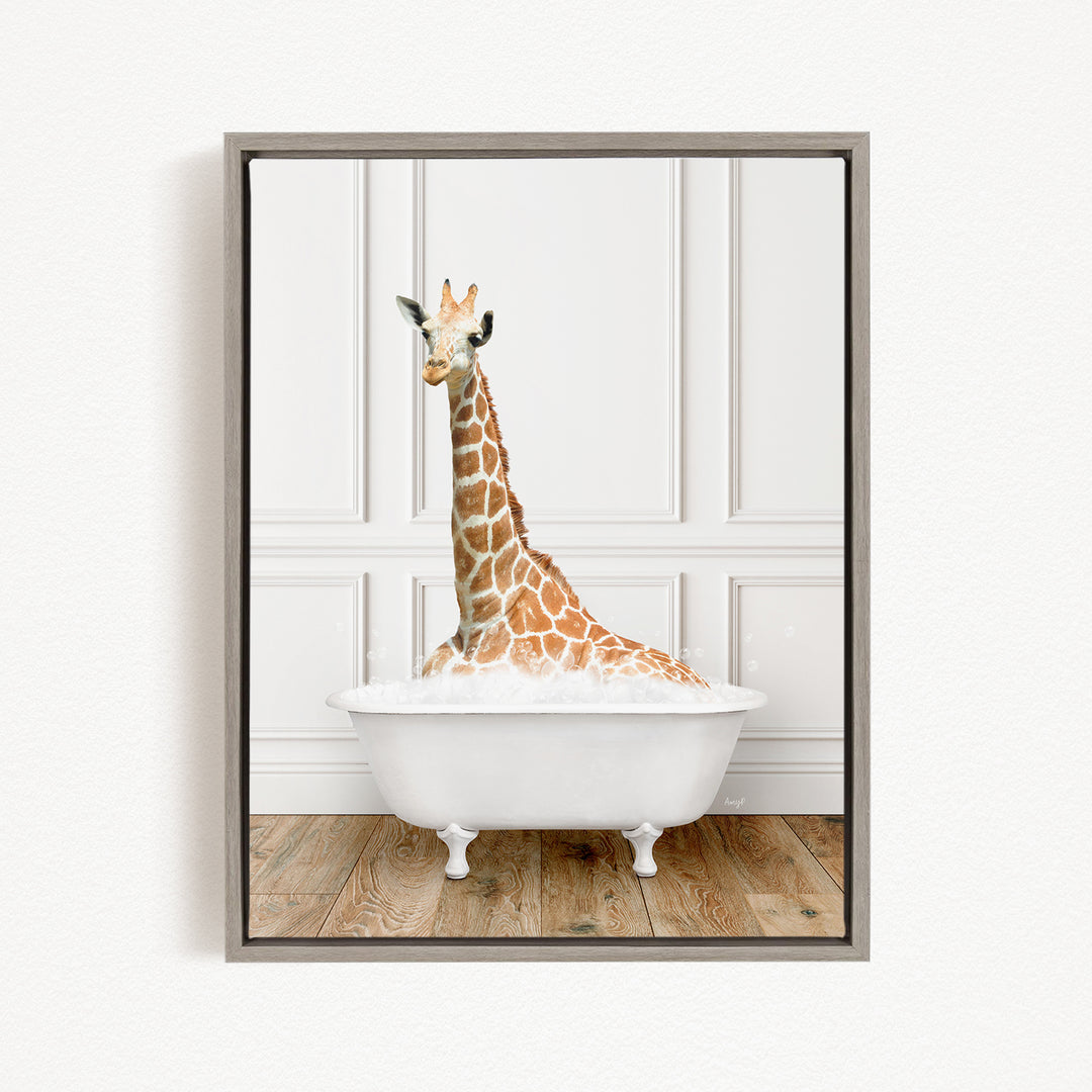 A giraffe sitting in a white bathtub filled with bubbles, creating a whimsical and playful scene.