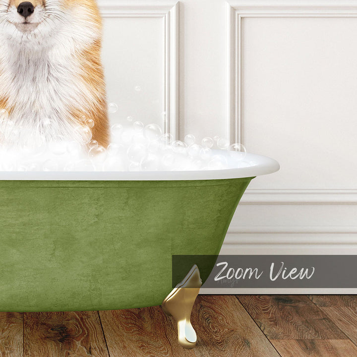 A fluffy dog is sitting in a green bathtub filled with bubbles, with a white door visible in the background.
