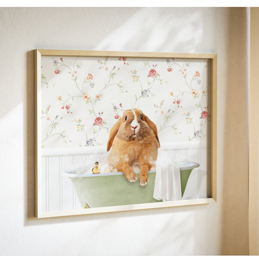 A picture of a rabbit sitting in a bathtub, surrounded by a floral wallpaper.