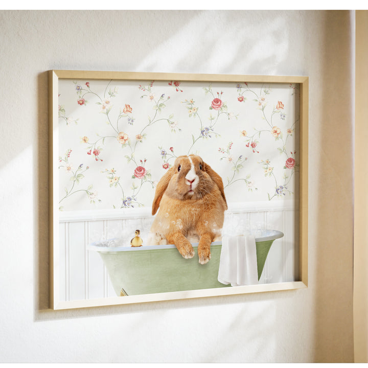 A picture of a rabbit sitting in a bathtub, surrounded by a floral wallpaper.