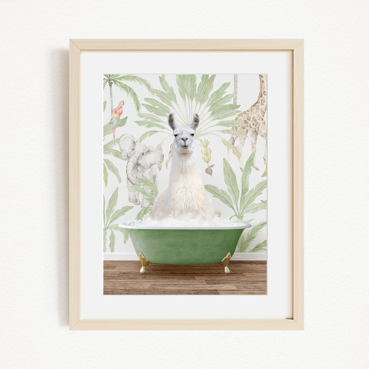 A white llama sitting in a green bathtub, surrounded by a tropical wallpaper with various animals and plants.