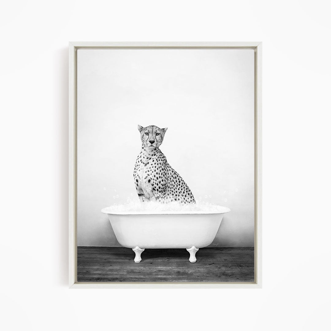 A cheetah sitting in a white bathtub filled with water.