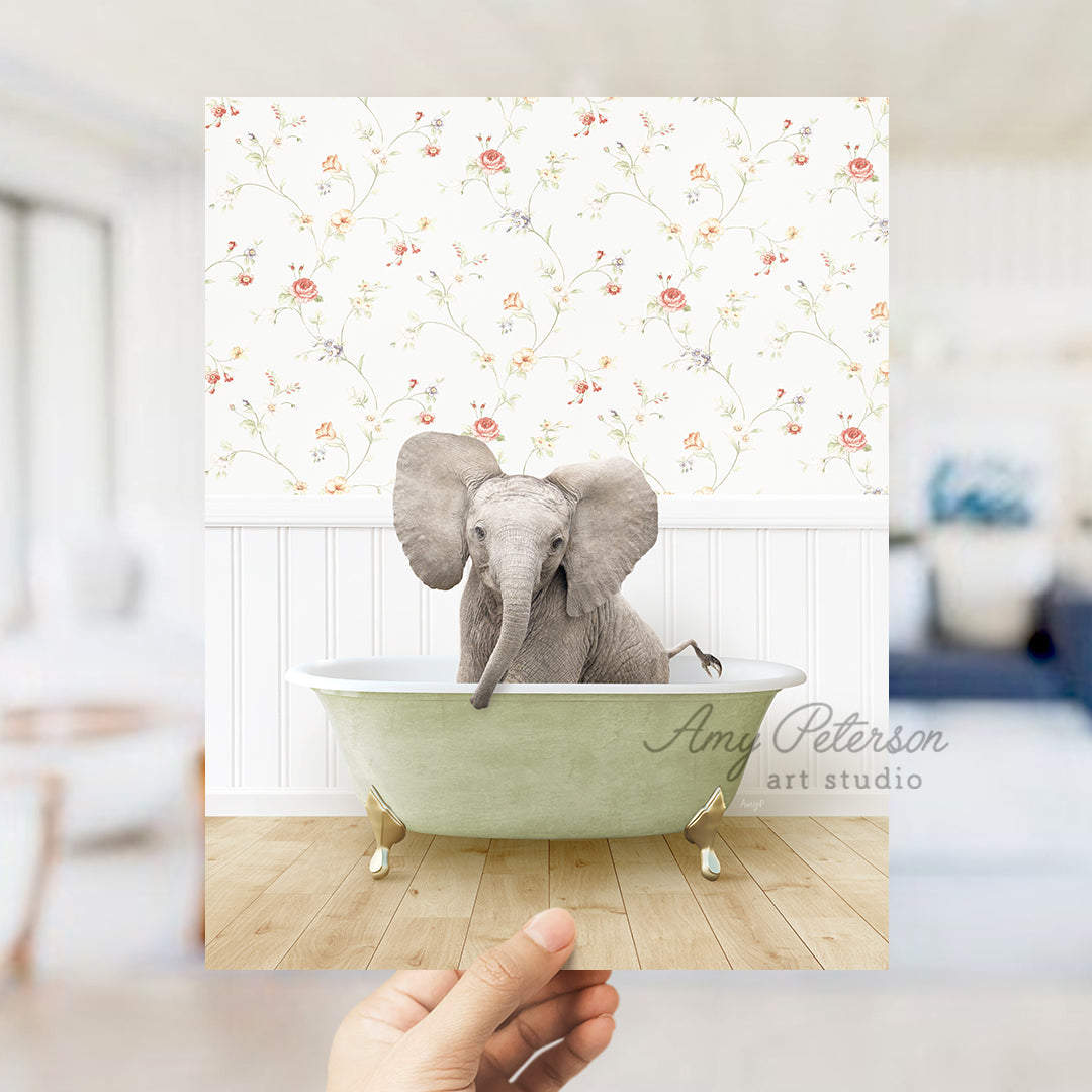 a person holding up a picture of an elephant in a bathtub