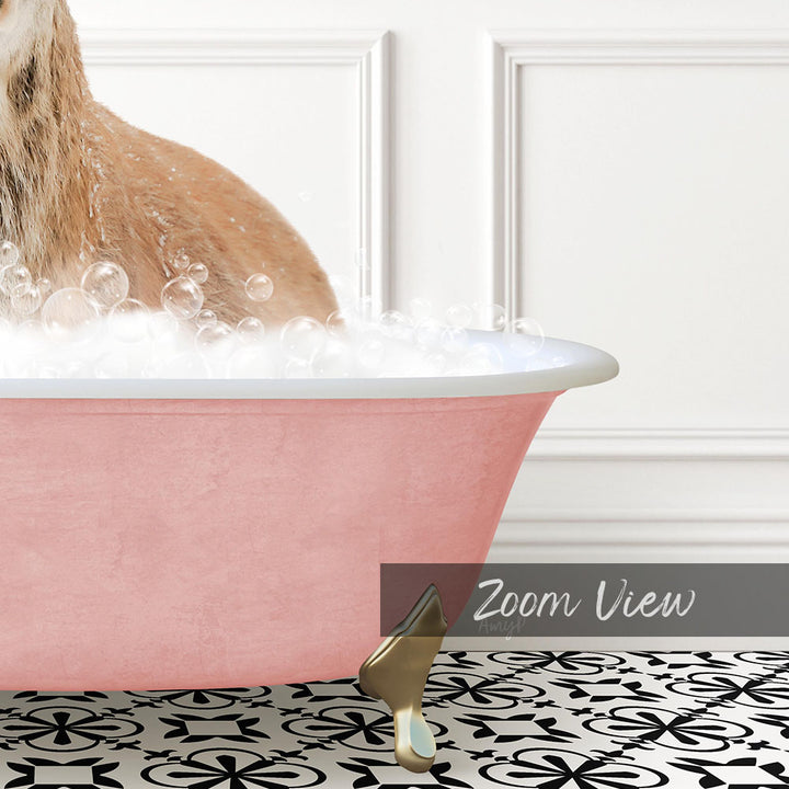 A pink bathtub filled with bubbles, with a cat sitting inside and enjoying a bath.