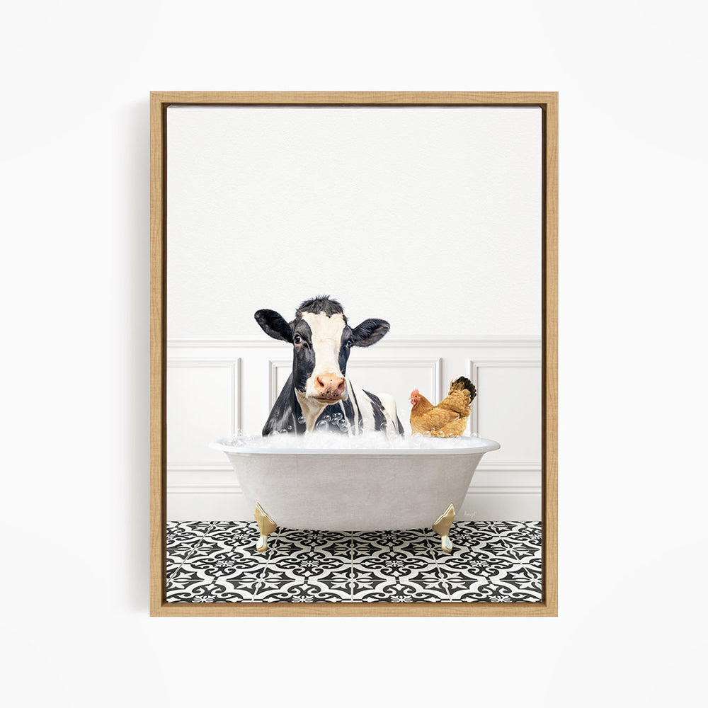 A black and white cow is sitting in a white bathtub, with a chicken standing nearby, in a white-walled room with a black and white patterned floor.