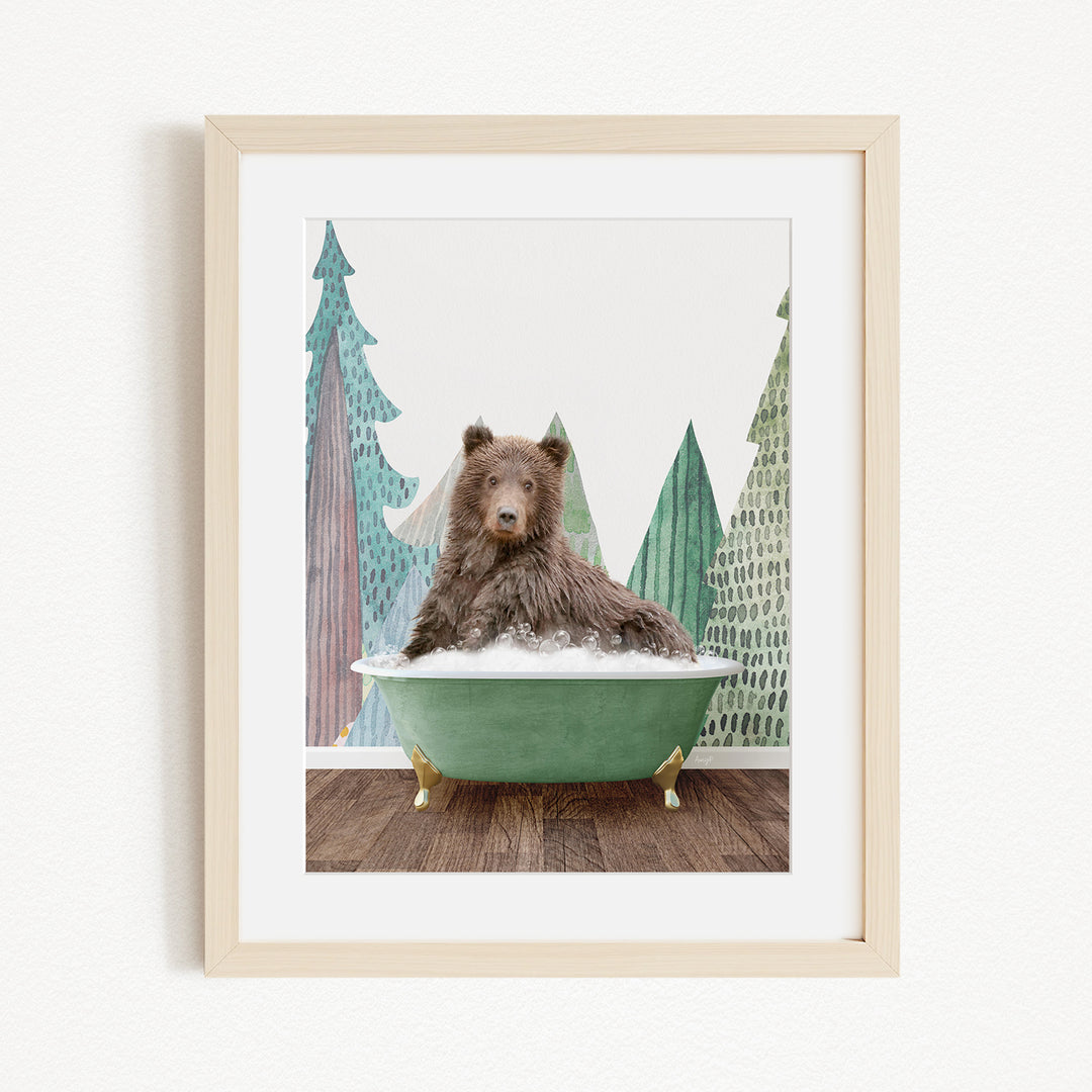 A brown bear sitting in a green bathtub, surrounded by trees and a forest-like background.