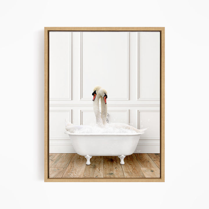 A white swan standing in a white bathtub filled with water, with a wooden floor and white paneled wall in the background.
