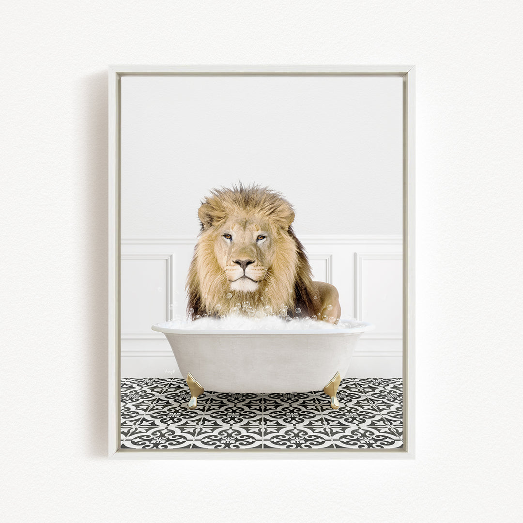 A lion sitting in a bathtub filled with water, surrounded by a black and white patterned floor.