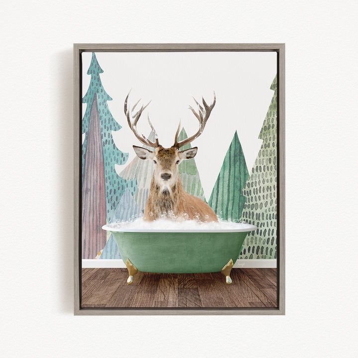 A deer with antlers is sitting in a green bathtub, surrounded by a forest scene with trees and a snowy landscape.