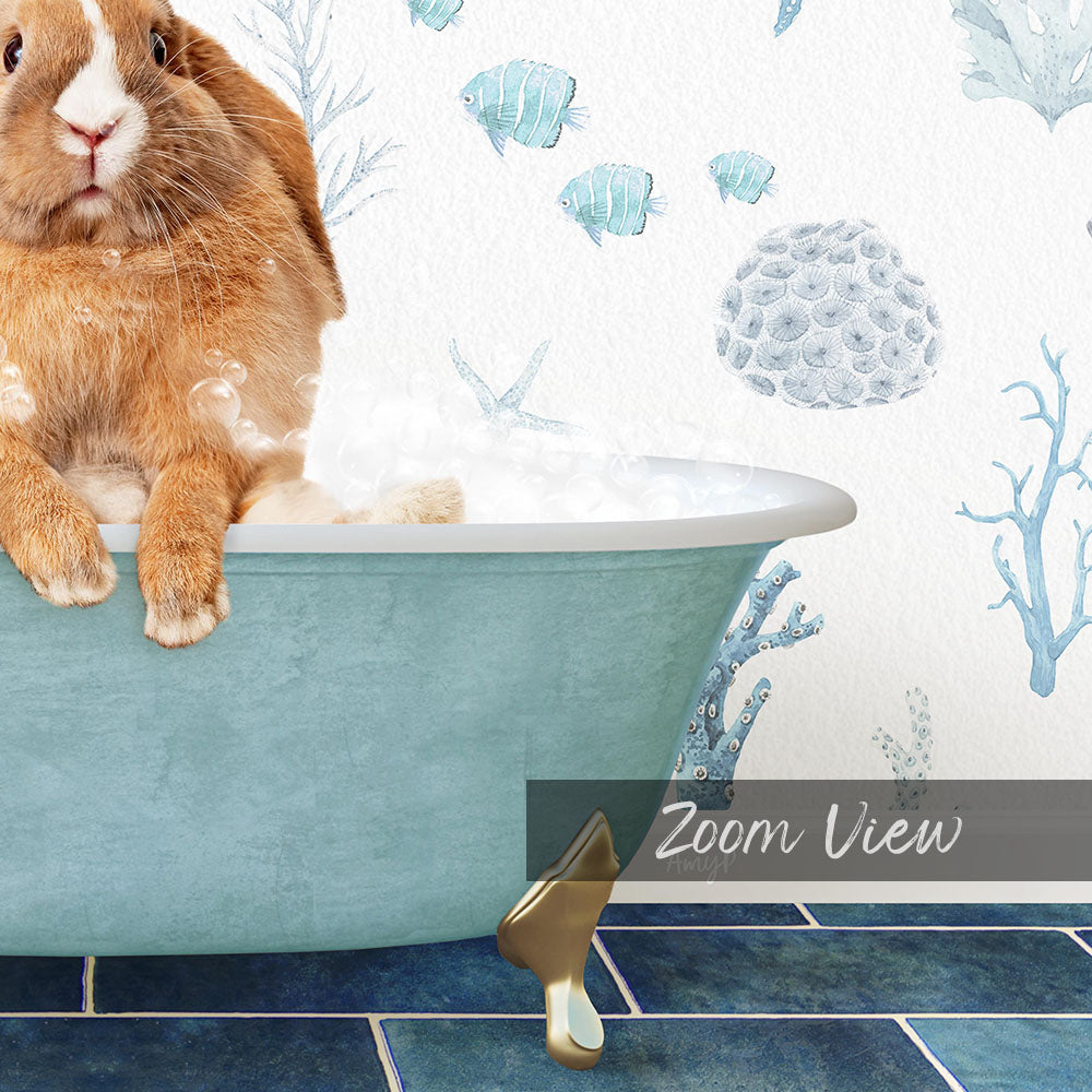 A rabbit sitting in a blue bathtub, surrounded by a whimsical underwater scene with fish and coral.
