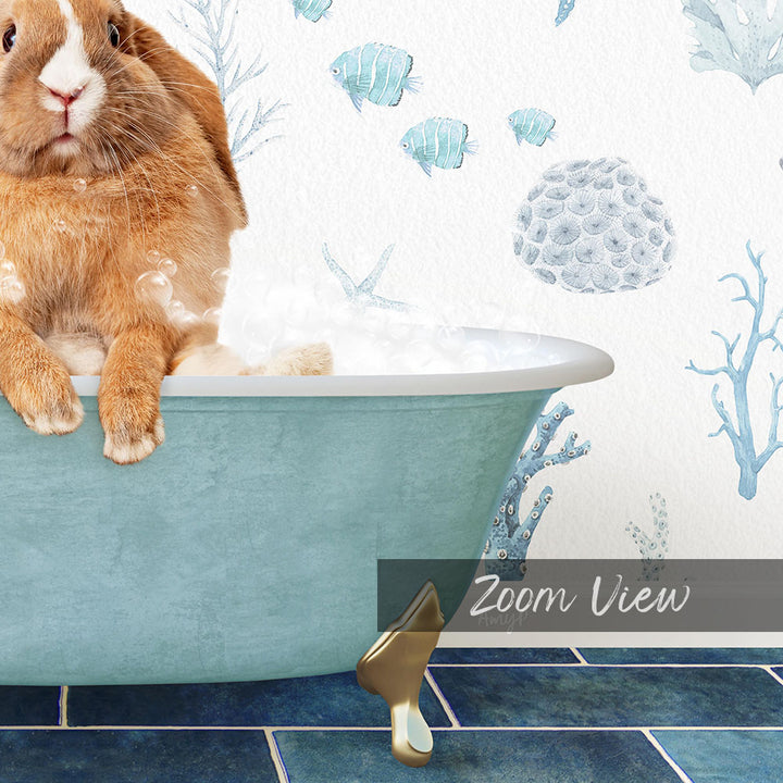 A rabbit sitting in a blue bathtub, surrounded by a whimsical underwater scene with fish and coral.