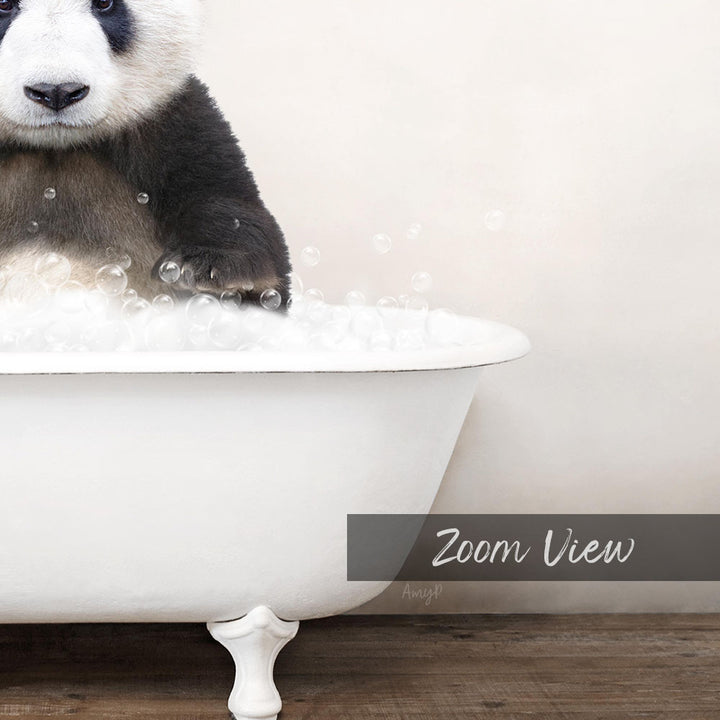 A panda bear sitting in a white bathtub filled with bubbles, with the text "Zoom View" below the image.