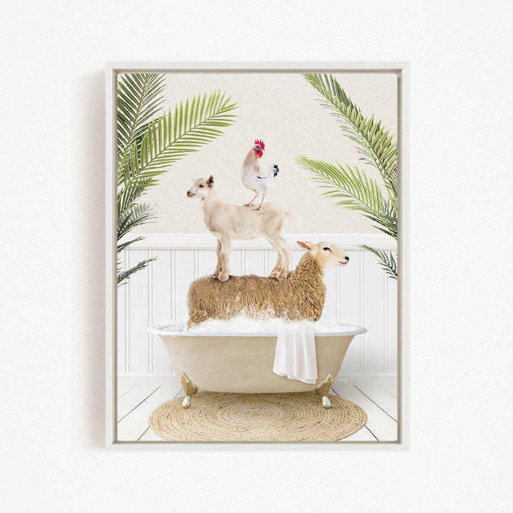 A framed image depicting a sheep standing on a tub filled with water, with a chicken perched on top of it, and a rooster standing on the sheep's back.
