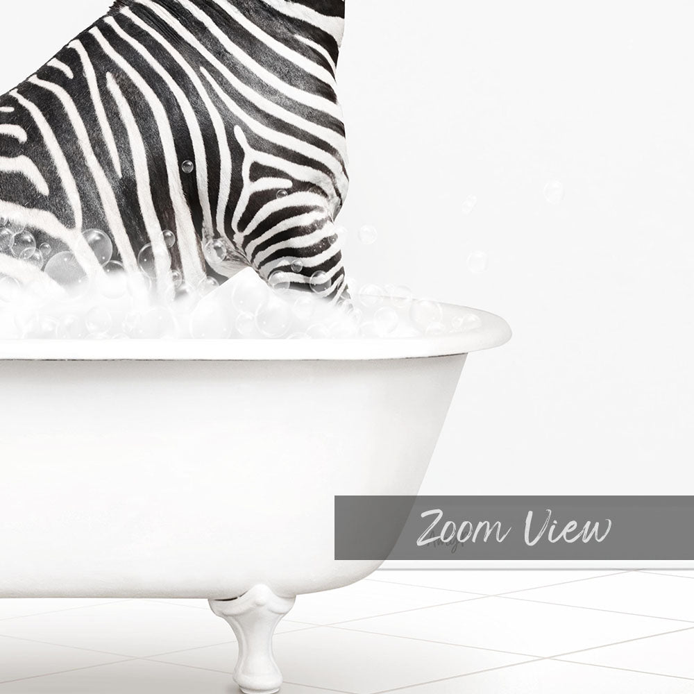 A zebra standing in a bathtub filled with water, creating a whimsical and humorous scene.