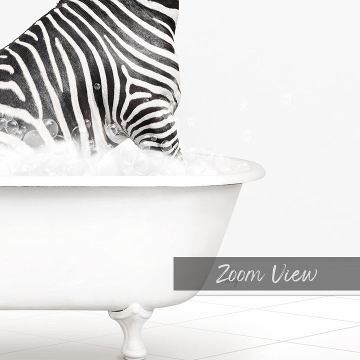 A zebra standing in a bathtub filled with water, creating a whimsical and humorous scene.
