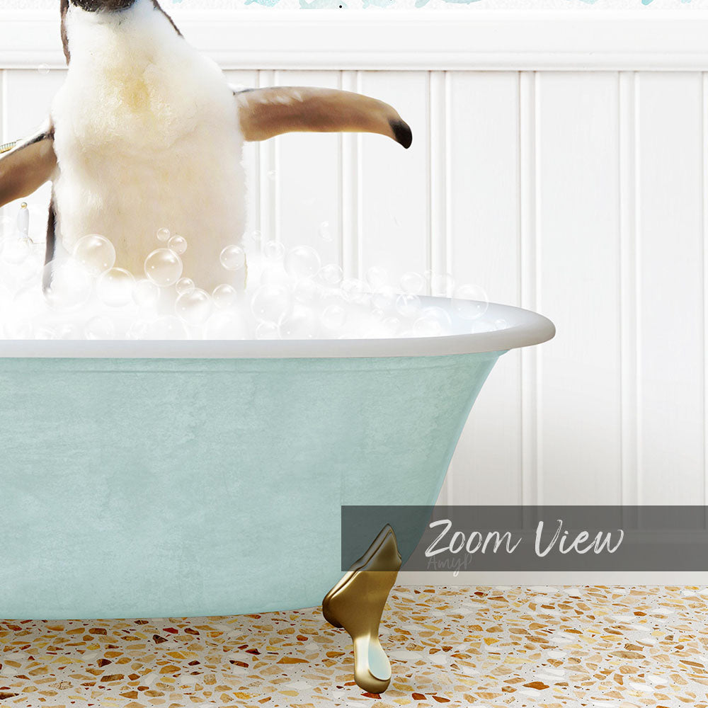 A penguin standing in a bathtub filled with bubbles, with a text overlay that reads "Zoom View".