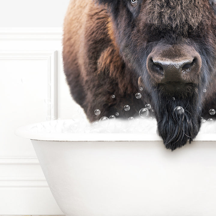 a bison standing in a bathtub with bubbles of water