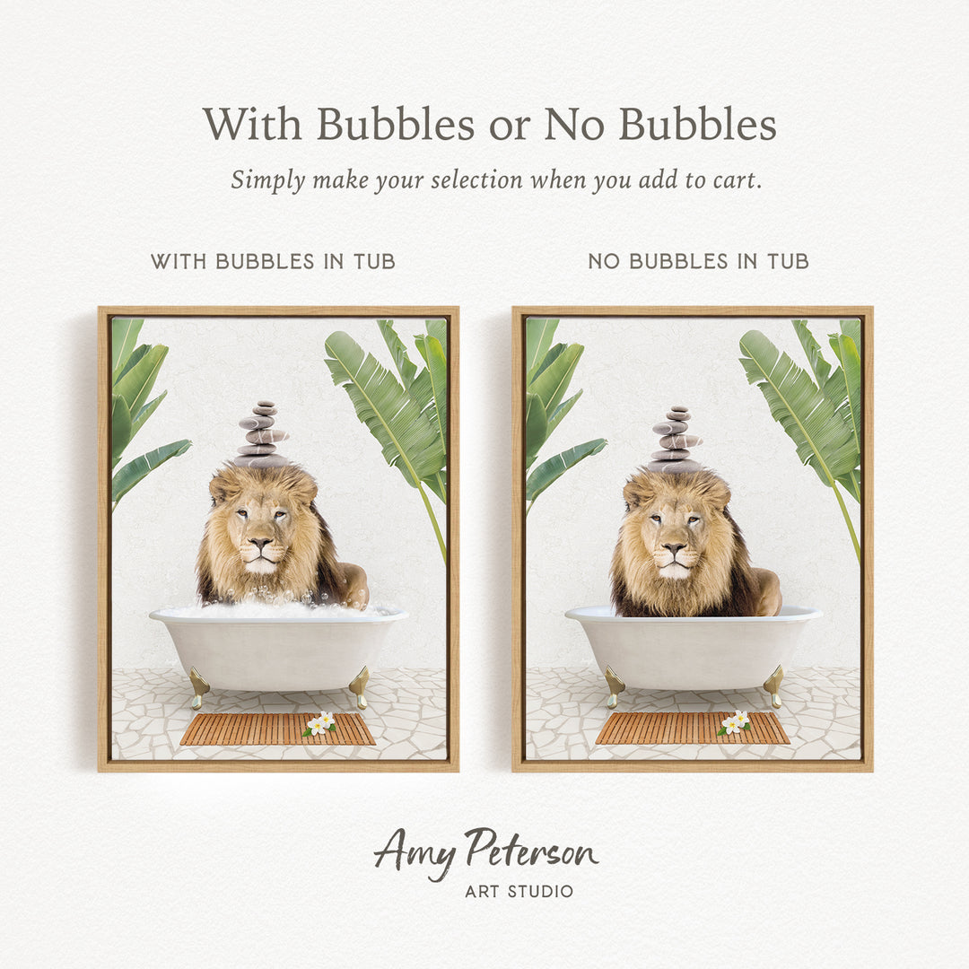 The image is a collage of two pictures featuring a lion sitting in a bathtub. The lion is surrounded by a variety of objects, including a banana, a flower, and a stone. The collage includes a frame with the text "With Bubbles or No Bubbles" and "WITH BUBBLES IN TUB" and "NO BUBBLES IN TUB".
