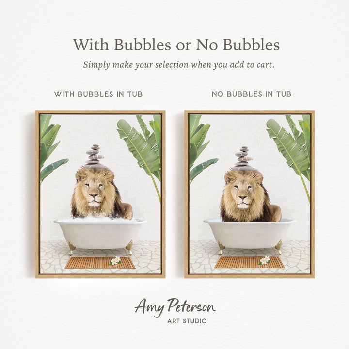 The image is a collage of two pictures featuring a lion sitting in a bathtub. The lion is surrounded by a variety of objects, including a banana, a flower, and a stone. The collage includes a frame with the text "With Bubbles or No Bubbles" and "WITH BUBBLES IN TUB" and "NO BUBBLES IN TUB".