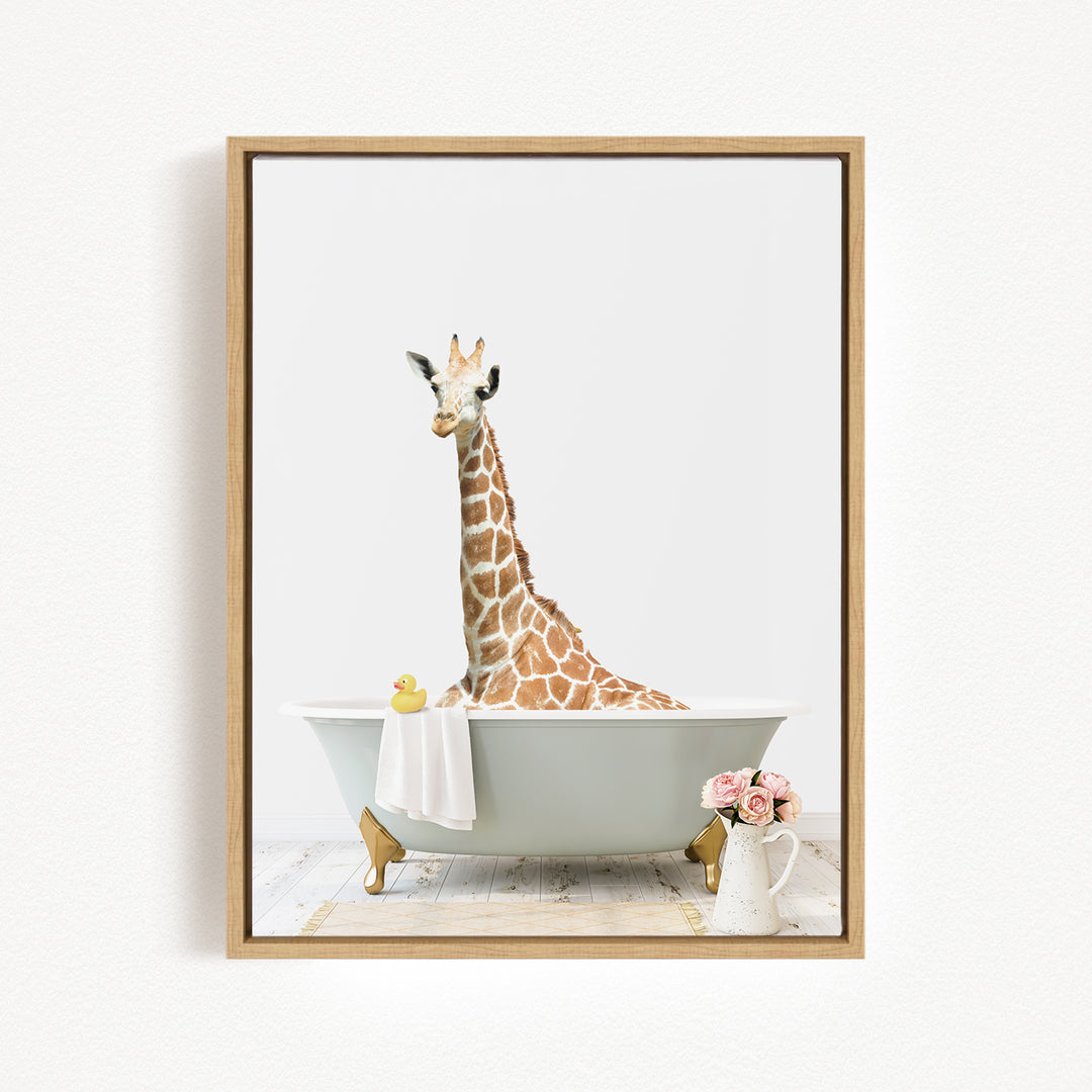 A giraffe sitting in a bathtub filled with water, surrounded by a yellow rubber duck and pink flowers.