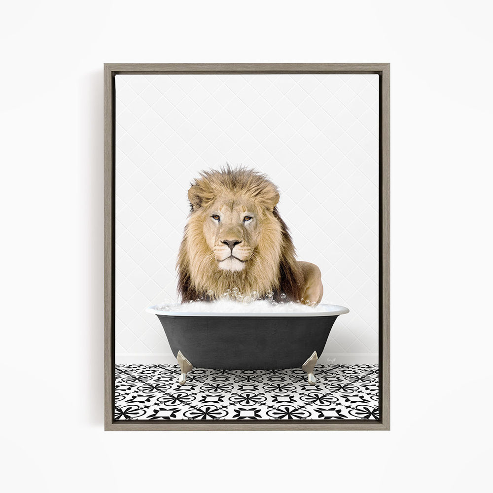 A lion sitting in a bathtub filled with water, surrounded by a black and white patterned tile floor.