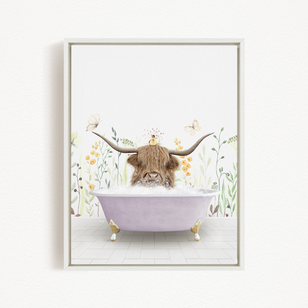 A brown cow with large horns is sitting in a purple bathtub filled with bubbles, surrounded by flowers and butterflies.