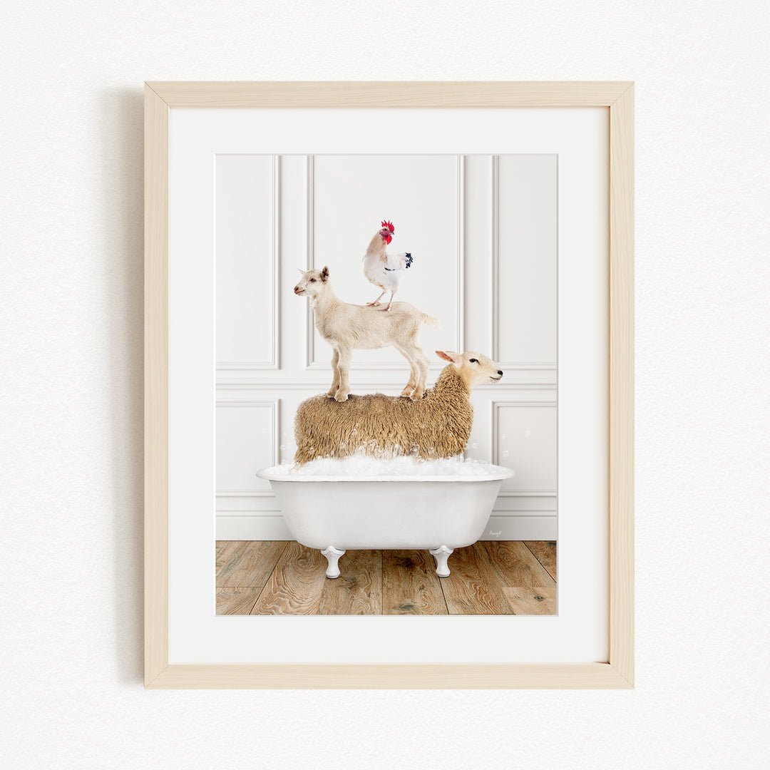 A framed image depicting a goat standing on a sheep's back while a rooster stands on top of a sheep in a bathtub.