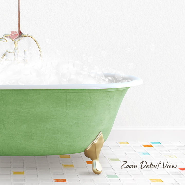 A green clawfoot bathtub filled with bubbles, with a colorful tiled floor in the background.