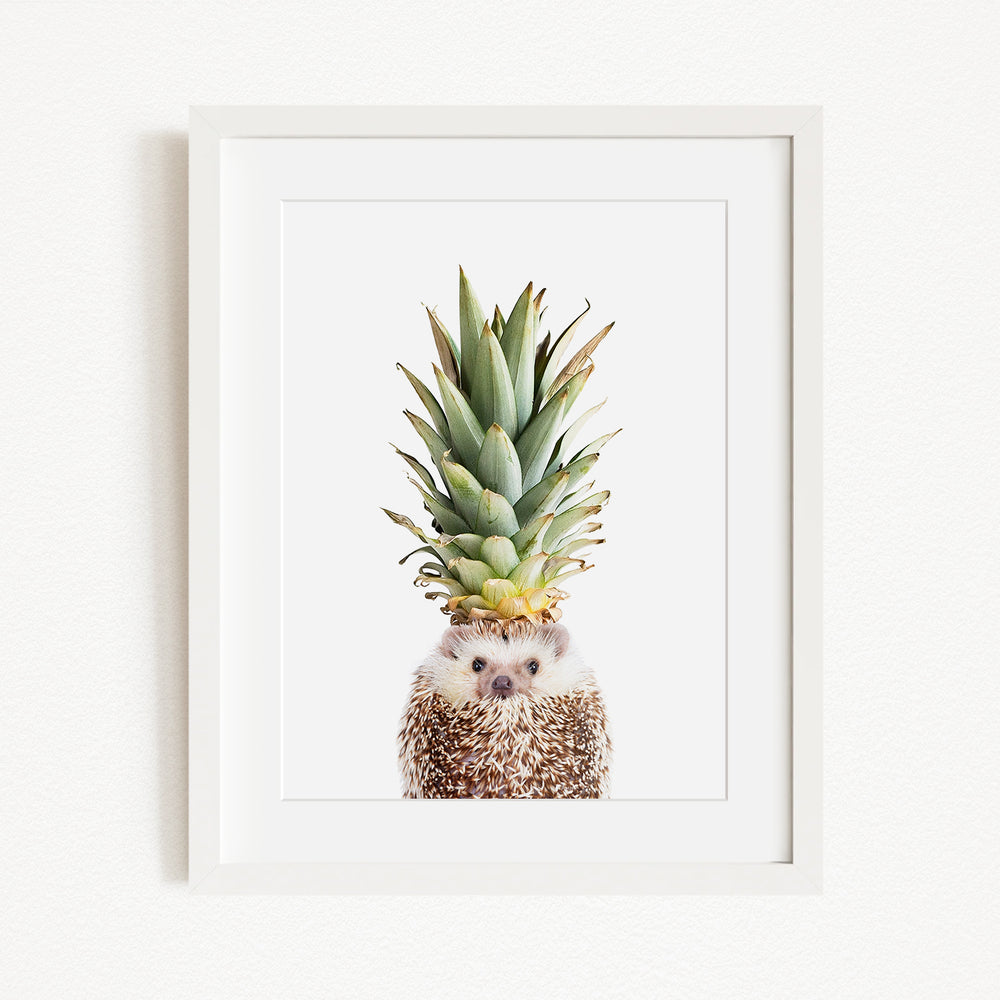 A framed image of a hedgehog wearing a pineapple crown.