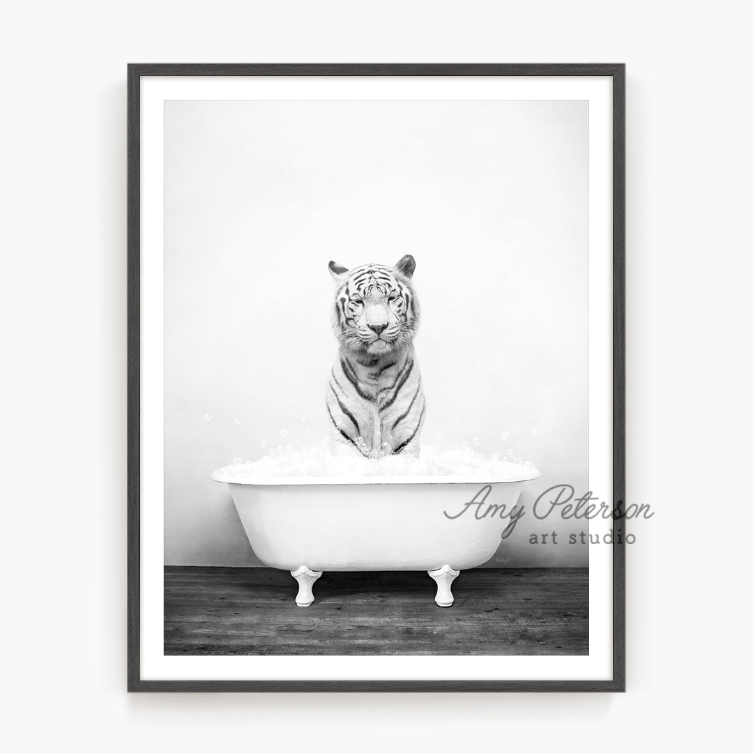 a black and white photo of a tiger in a bathtub