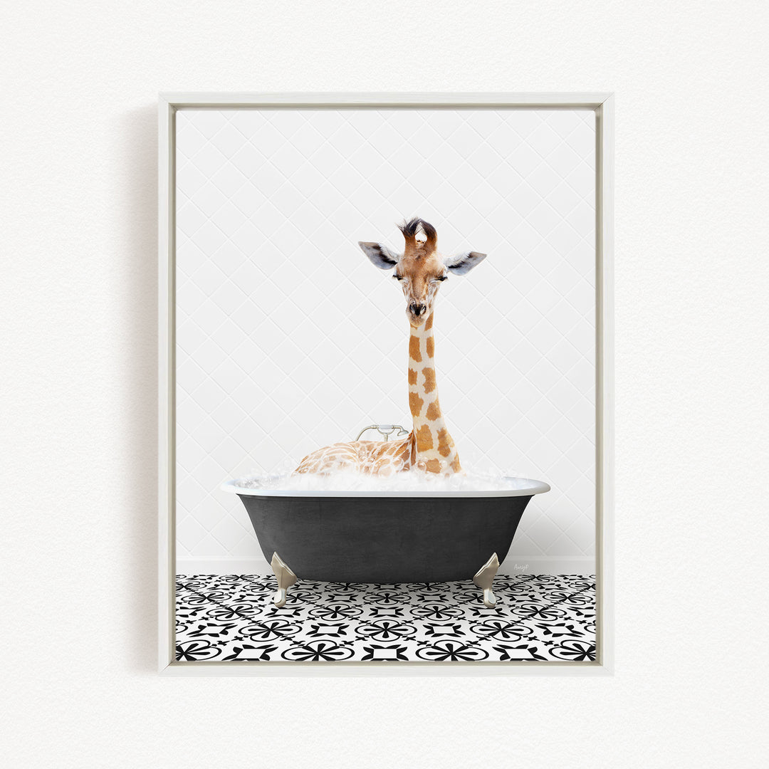 A giraffe is sitting in a bathtub filled with water, creating a whimsical and playful scene.