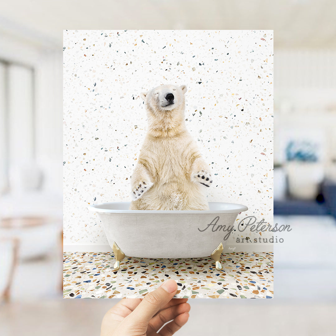 a polar bear sitting in a bath tub