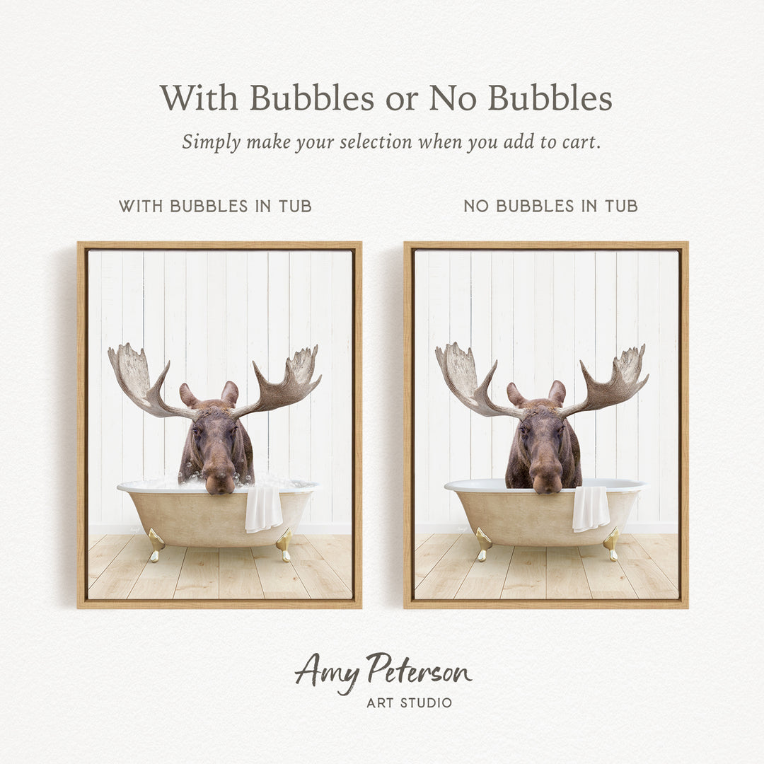 The image is a collage of two framed pictures, each featuring a moose in a bathtub. The moose in the bathtub has large antlers, and the other moose in the bathtub does not have antlers. The collage is titled "With Bubbles or No Bubbles" and is created by Amy Peterson from Art Studio.