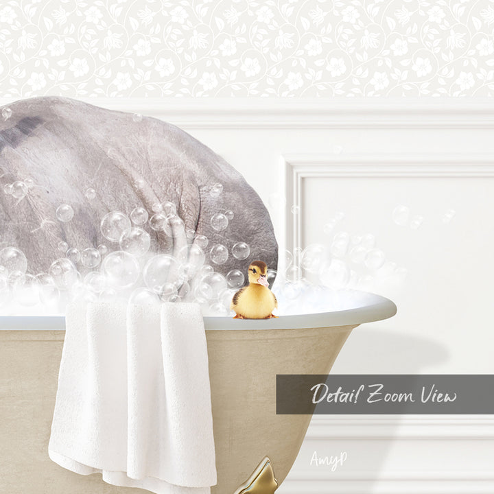 A gray elephant is sitting in a bathtub filled with bubbles, with a yellow duck sitting on the edge of the tub.