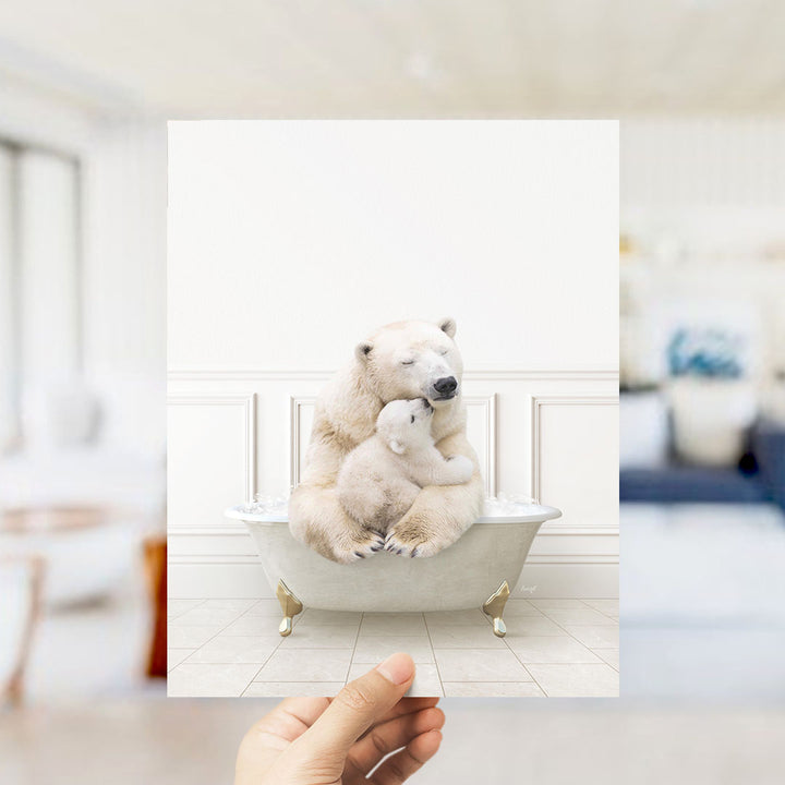 A polar bear sitting in a bathtub, with a baby polar bear nestled next to it, creating a heartwarming scene.