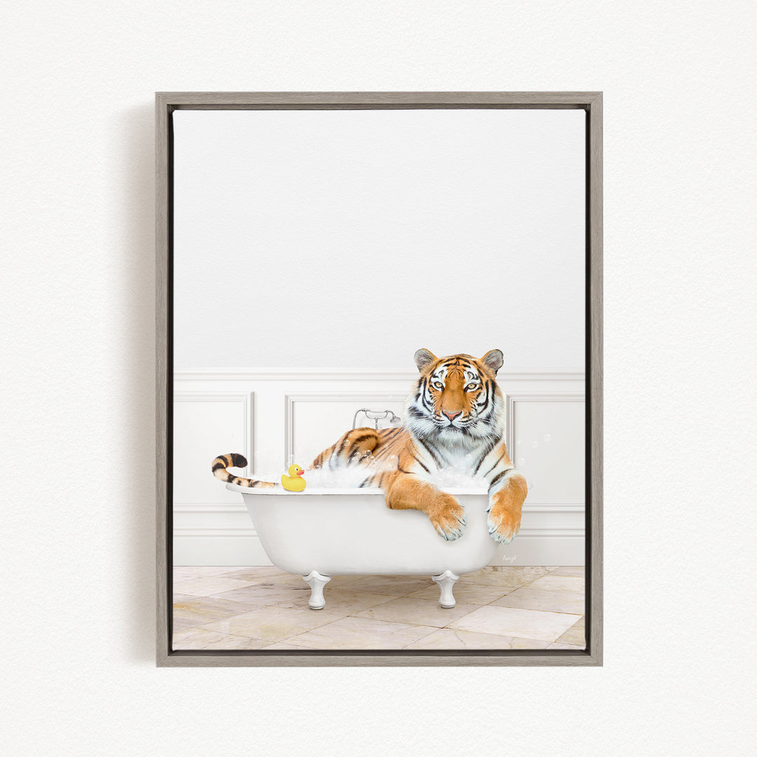 A tiger is sitting in a white bathtub, surrounded by rubber ducks.