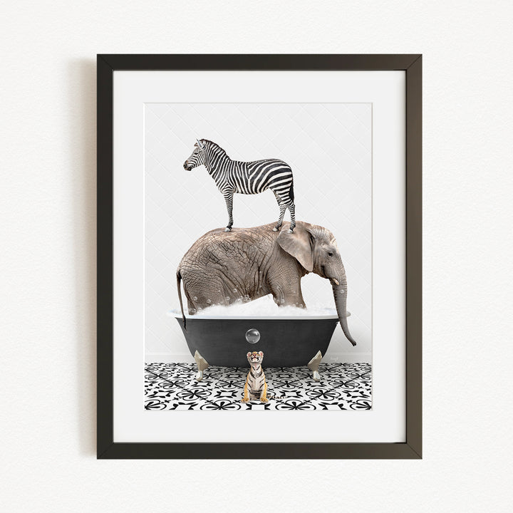 A zebra stands atop an elephant in a bathtub, with a dog sitting in front of them.