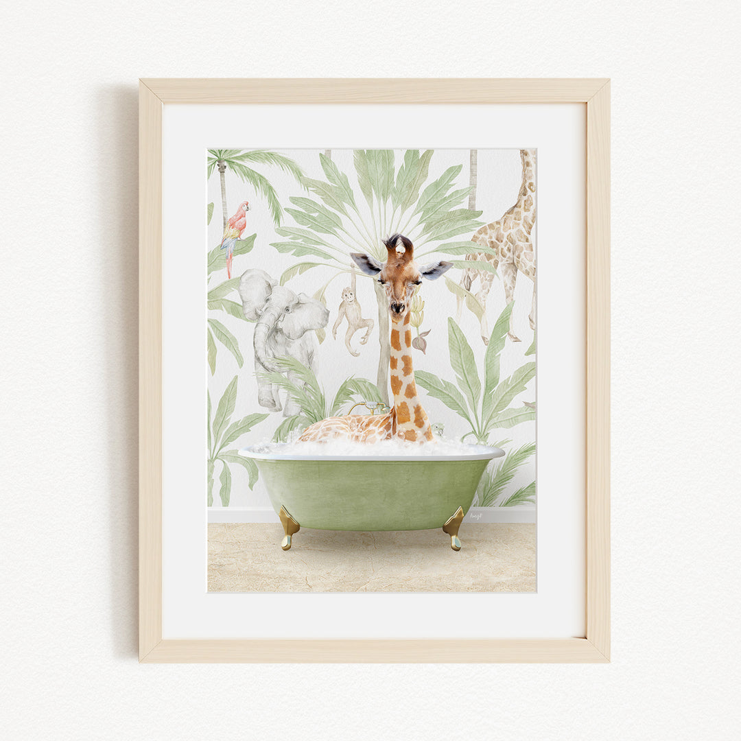 A giraffe is standing in a green bathtub, surrounded by various animals and plants, creating a whimsical and playful scene.