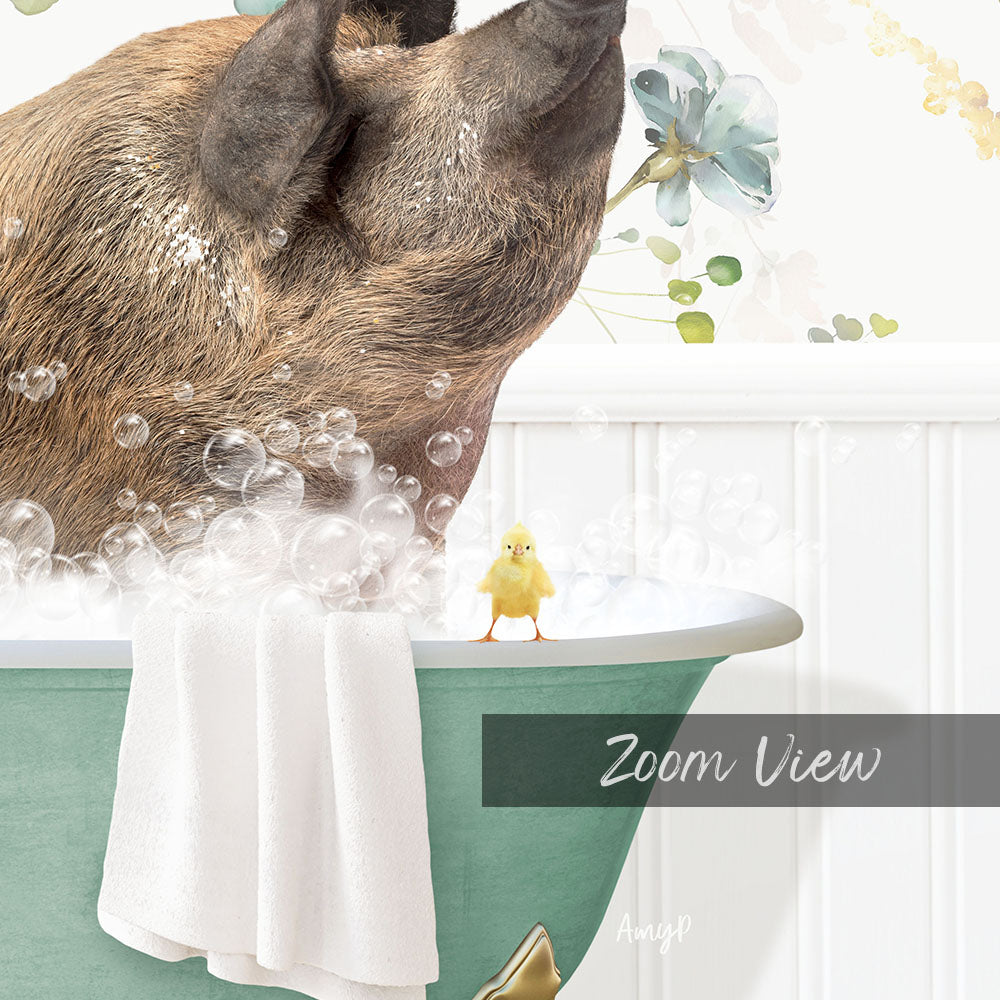 A pig is taking a bath in a green tub, with a small yellow chick standing on the edge of the tub.