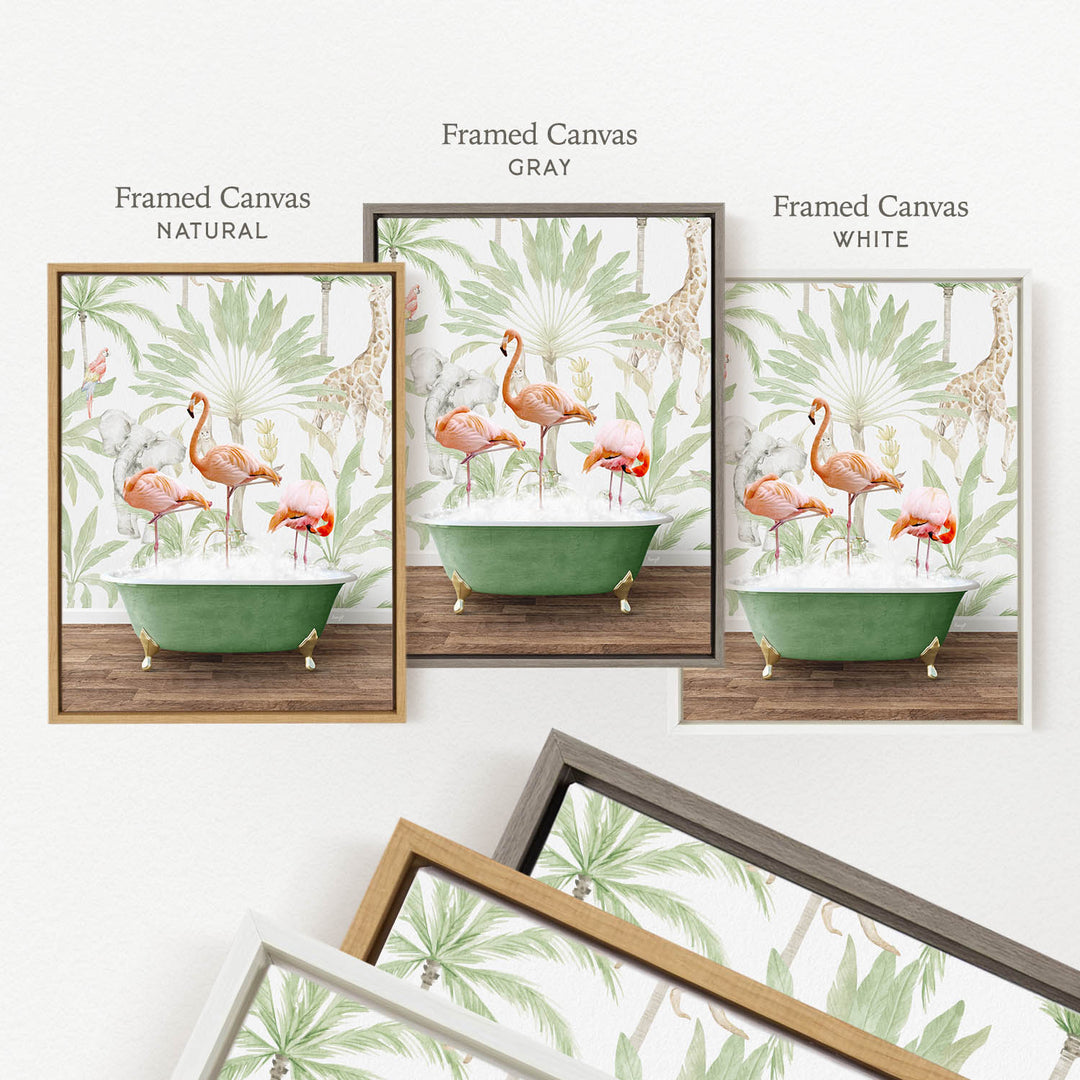 three framed prints of the same floral print, each with a different frame color: natural, gray, and white.