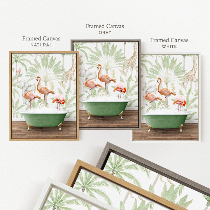 three framed prints of the same floral print, each with a different frame color: natural, gray, and white.