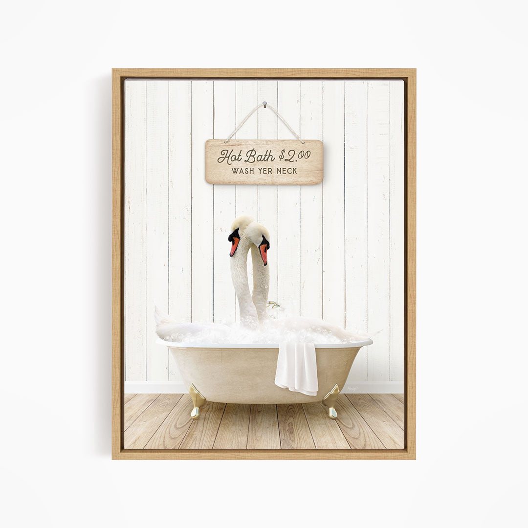 A wooden sign with the text "Hot Bath $2.00 WASH YOUR NECK" hangs above a white bathtub filled with bubbles, with two swans sitting inside the tub.
