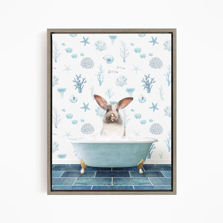 A rabbit sitting in a bathtub filled with bubbles, surrounded by a pattern of seashells, starfish, and other marine life.