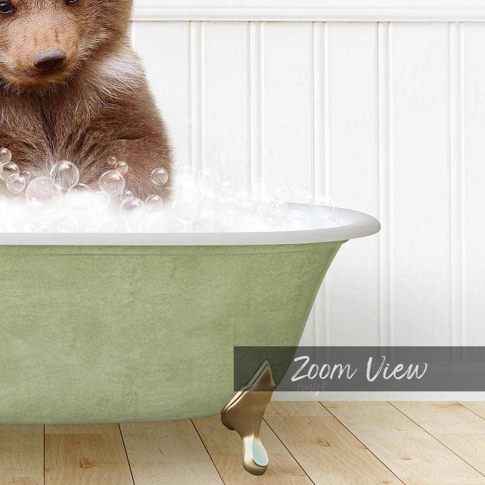 A cute brown bear sitting in a green bathtub filled with bubbles, with the text "Zoom View" displayed below the image.