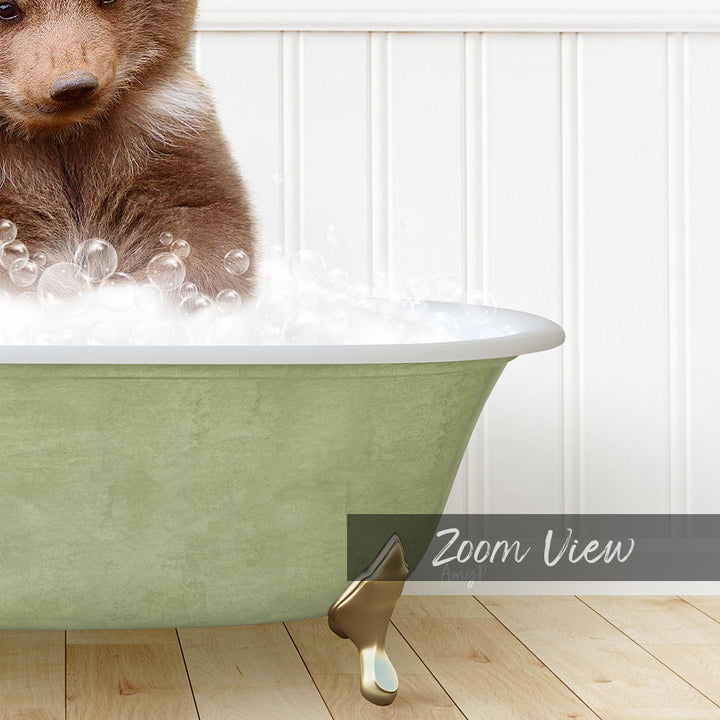 A cute brown bear sitting in a green bathtub filled with bubbles, with the text "Zoom View" displayed below the image.