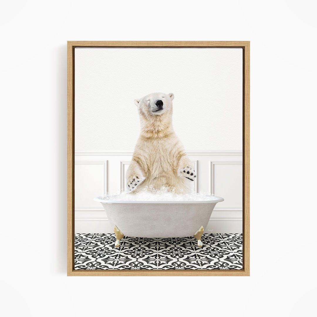 A polar bear standing in a bathtub filled with water, with its paws raised in the air.