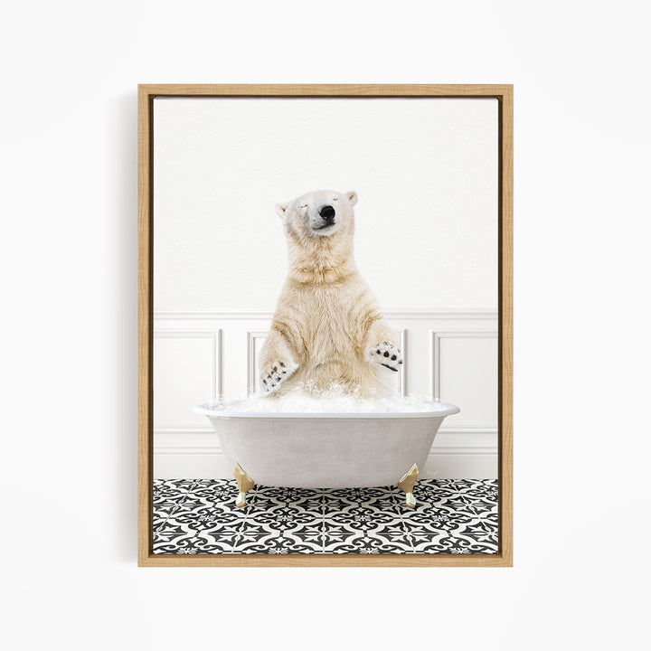 A polar bear standing in a bathtub filled with water, with its paws raised in the air.