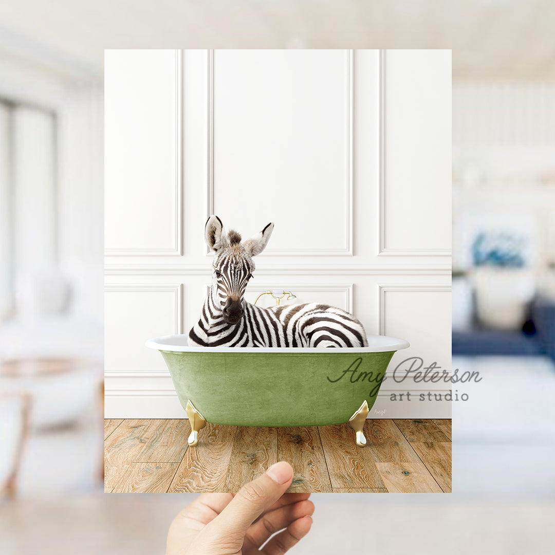 a zebra sitting in a bathtub with a person holding it